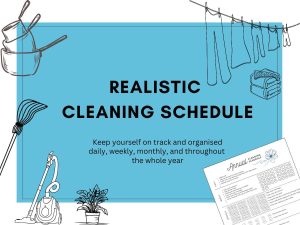 Realistic cleaning schedule title featuring a broom, vacuum cleaner, and laundry piles. In the corner, an example of the annual cleaning list and how it looks.