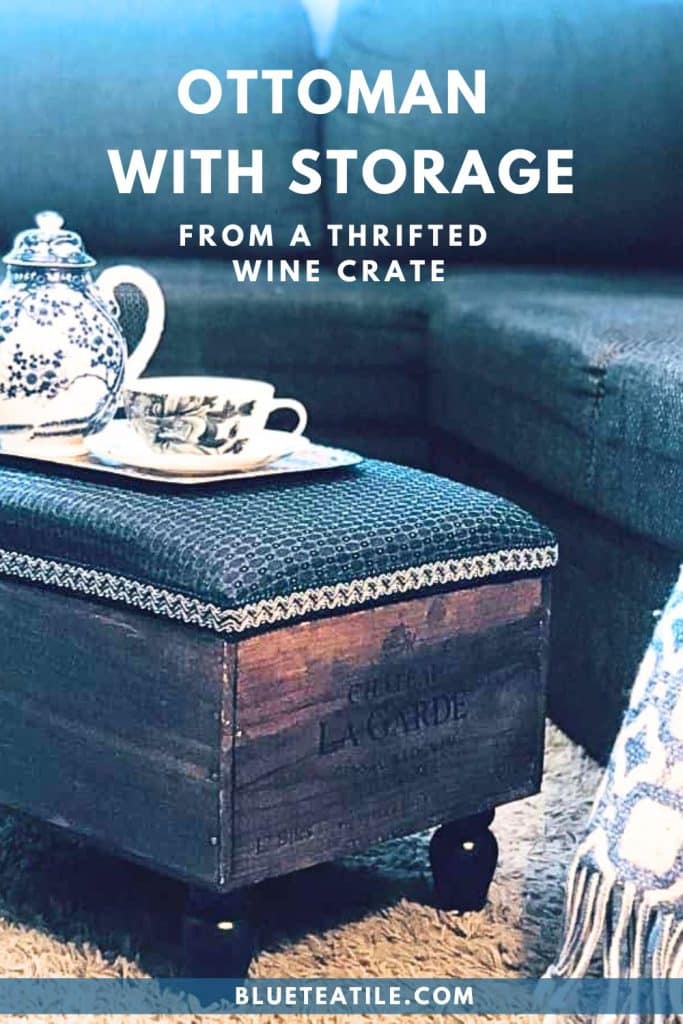 Ottoman with storage next to the living room sofa set with a tea tray on it.