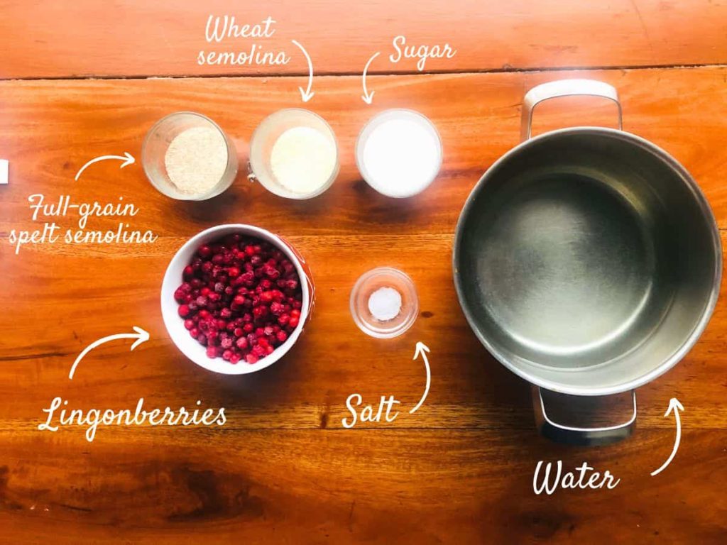 Ingredients for whipped semolina porridge. lingonberries, semolina, full-grain spelt semolina, sugar, salt, and water.