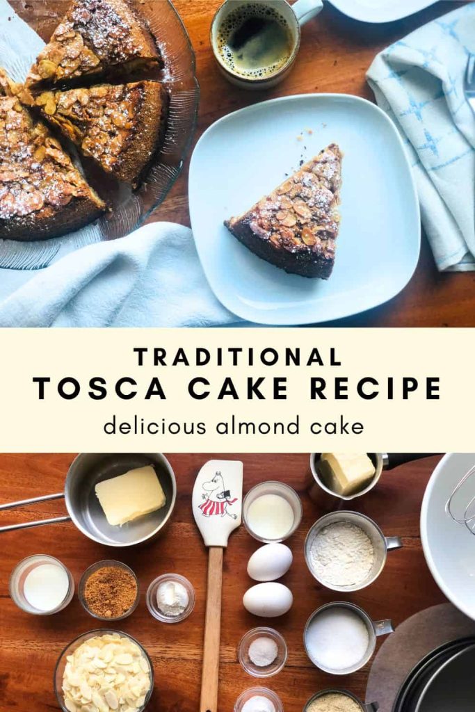 The ingredients of Tosca cake with the result of piece of Tosca cake on a plate with coffee and whole cake on the side.