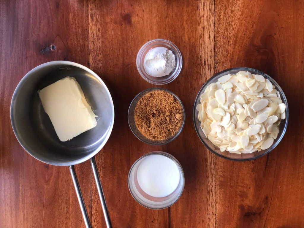 Ingredients for caramelized almond topping for Tosca cake.