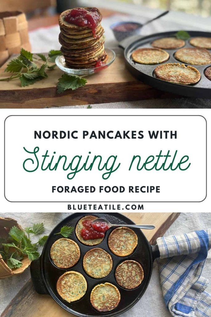Singing nettle pancakes in a pile with foraged nettle leaves on the table and pancakes on a Swedish cast iron pancake pan.
