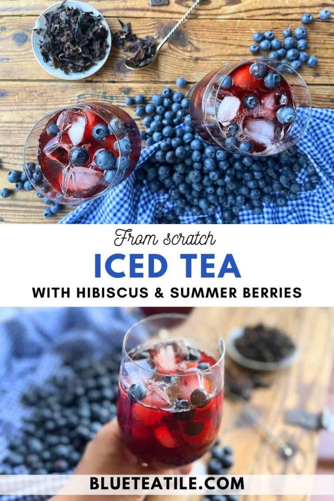 Hibiscus and blueberry iced tea poured in two glasses with ice cubes and blueberries, a woman is holding another glass with blueberry hibiscus iced tea.