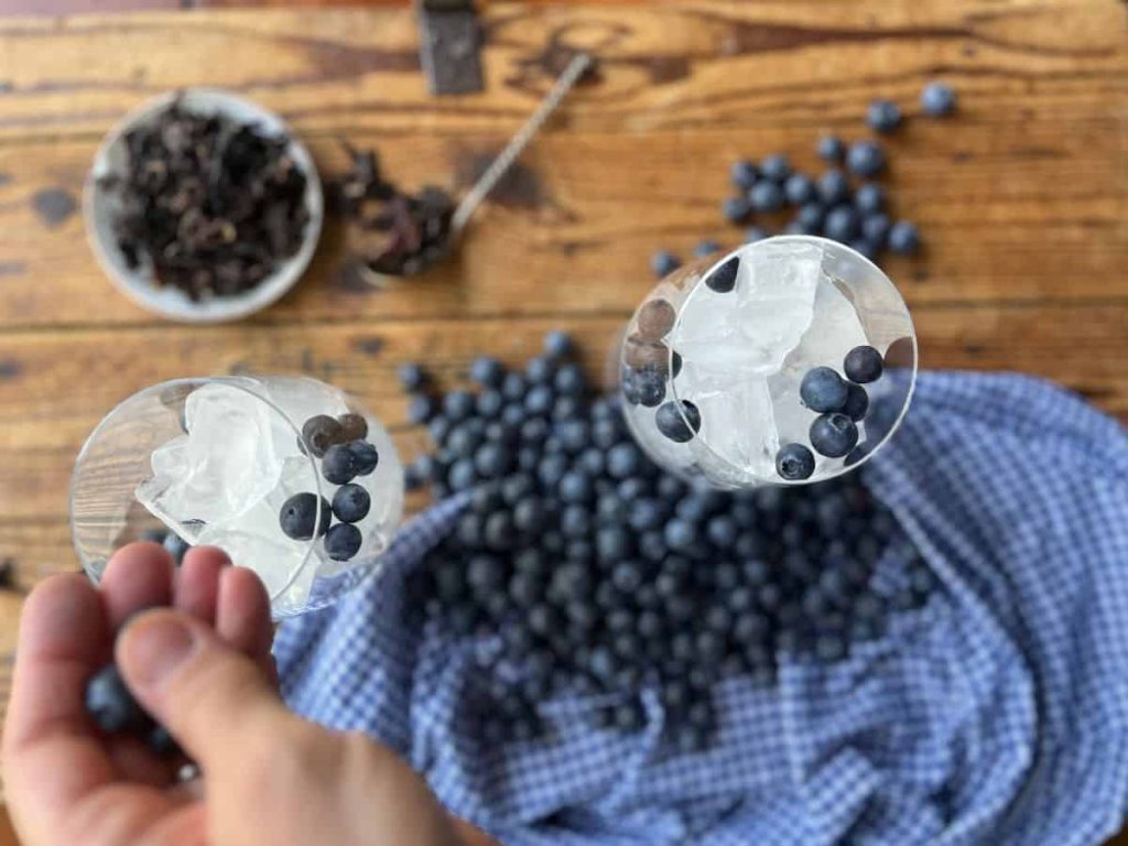 Two glasses filled with ice and highbush blueberries and a woman is dropping more blueberries into the glasses.