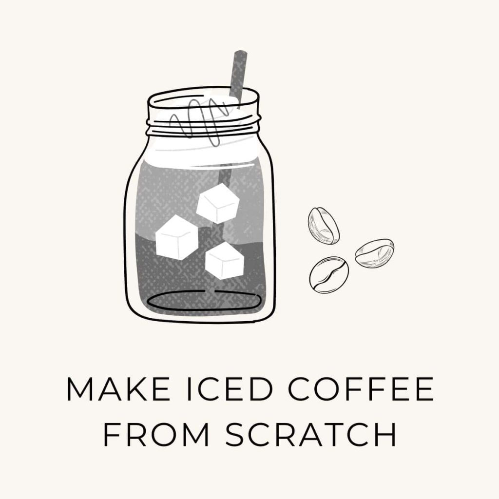 Outline of iced coffee and coffee beans with a text "Make iced coffee from scratch as a thing to do on the natural living bucket list.
