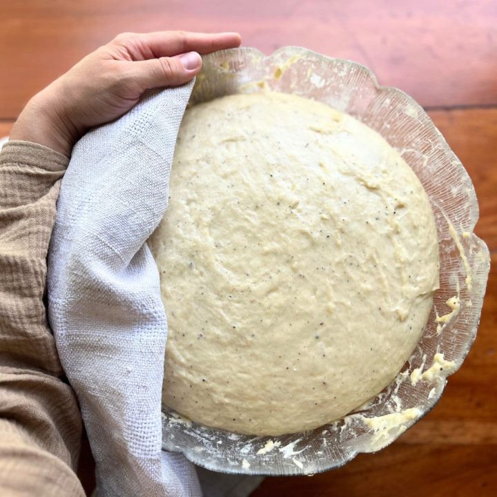A woman holding a large bowl with tea towel reavealing the sweet bun dough made the Nordic way with cardamom.