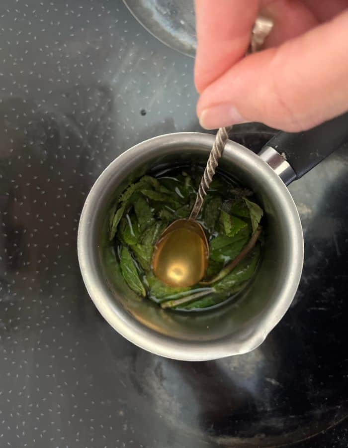 Woman stirring mint leaves that are steeping in the water in the saucepan.