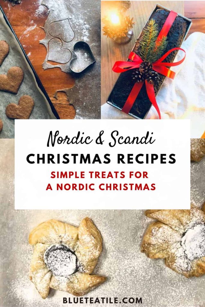 Scandi baking and Nordic baking ideas: gingerbreads, sweet rye bread in a gift package, and icing sugar-dusted plum pinwheel tarts.