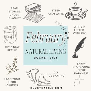 Natural Living bucket list for February with things like ice skating, steeping chai latte, trying a new recipe and writing a handwritten letter.