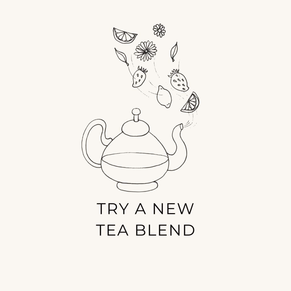 A hand-drawn teapot with herbs and fruits flying out of the spout. 