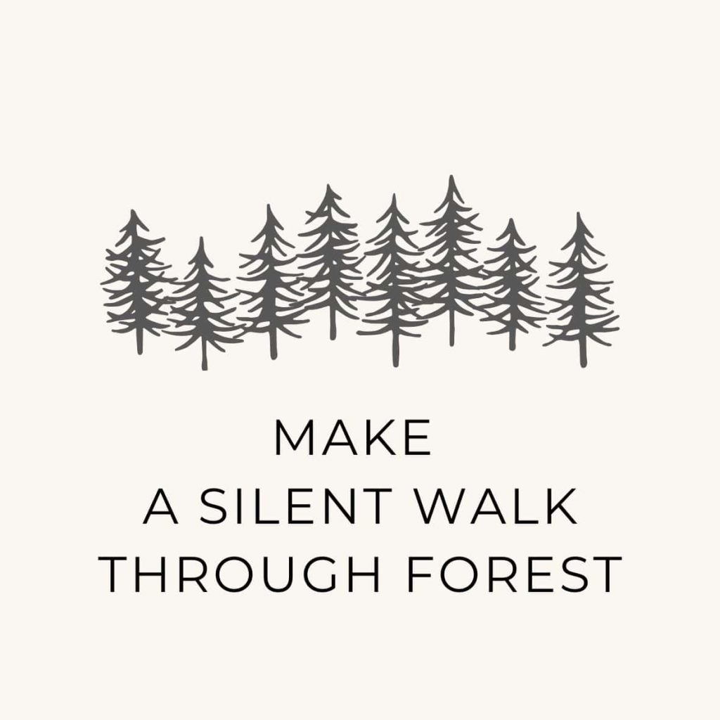 A forest line with a suggestion to make a silent walk in the forest as an April task in the natural lifestyle bucket list.