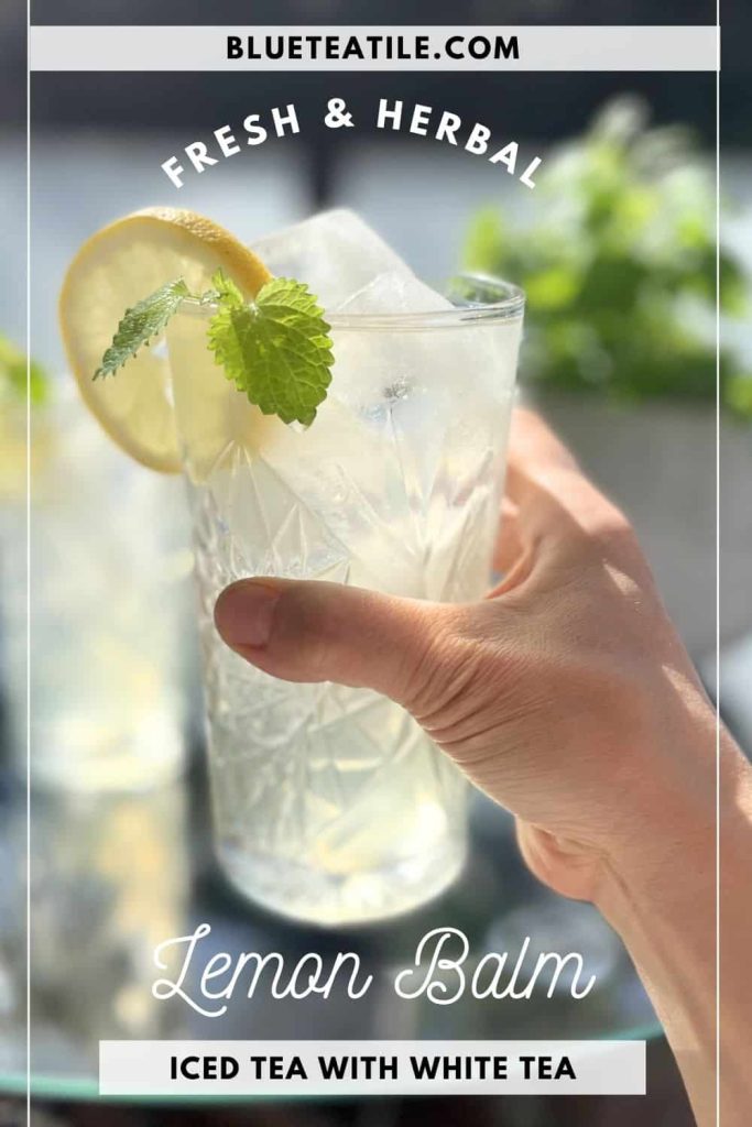 A woman holding a glass of cold-brewed lemon balm and white tea iced tea in her hand.
