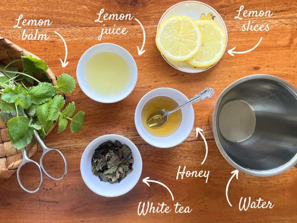 Lemon balm and white tea iced tea ingredients: lemon balm leaves, lemon juice, lemon slices, honey, white tea, and water.