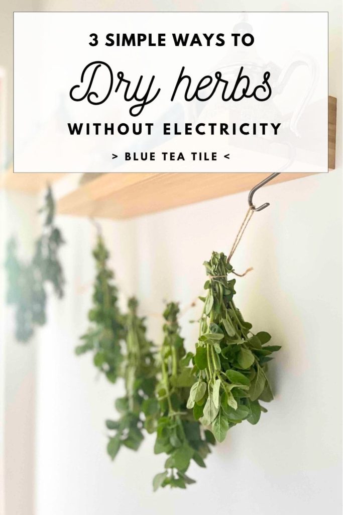 Herbs are bundle drying for tea in a cord atttached to a shelf.