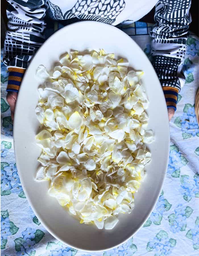 A young girl holding a white plate with rose petals.