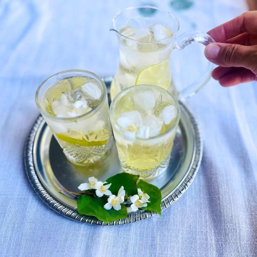 An iced tea tray with jar and two glasses filled with iced jasmine green tea.