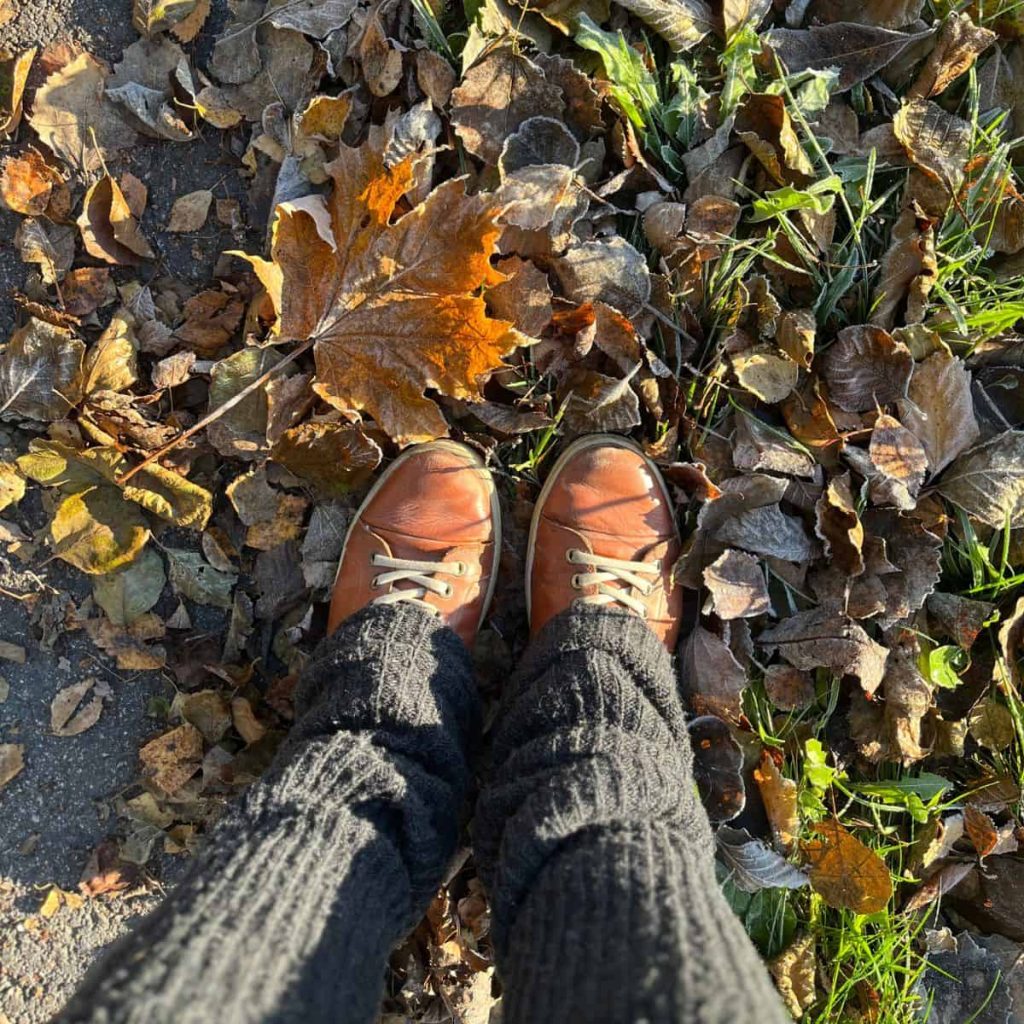 Two feet on a autumn leaf covered ground.